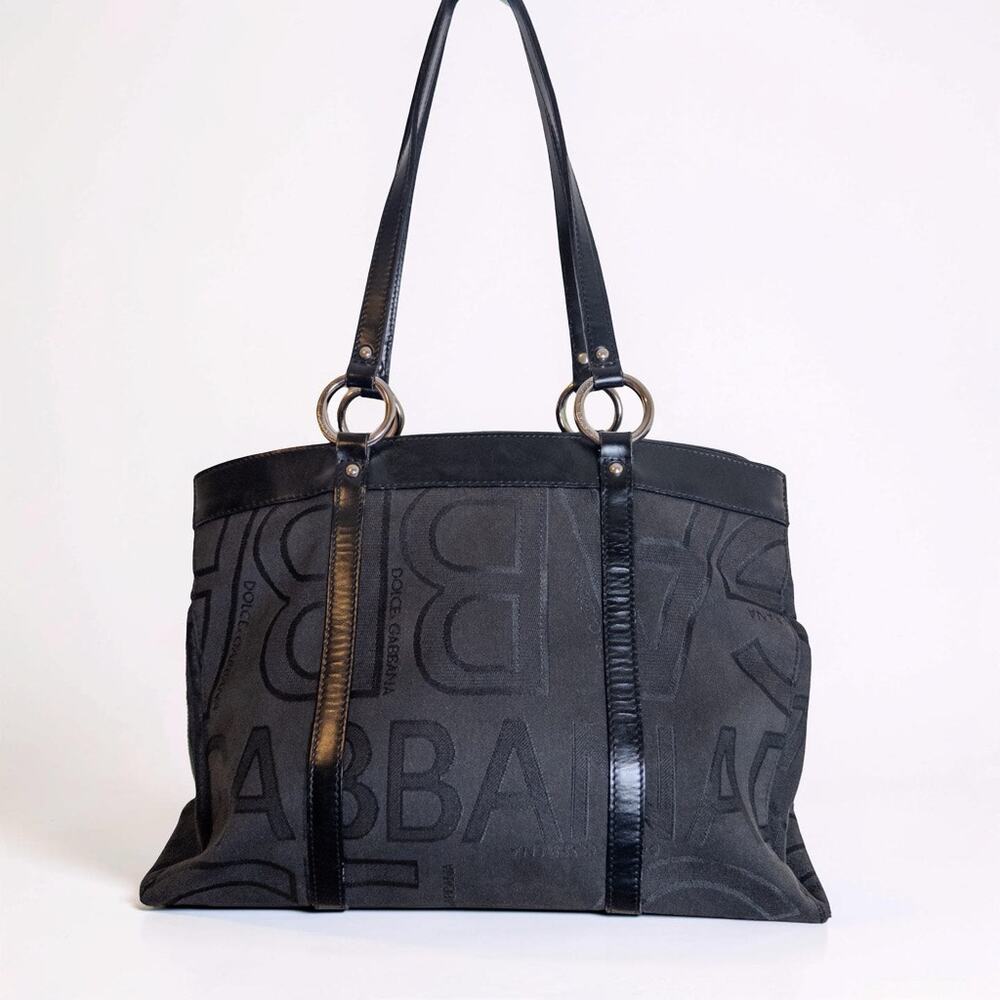 Y2K Dolce & Gabbana Logo Canvas Tote Black Leather Trim Silver Ring Shoulder Bag